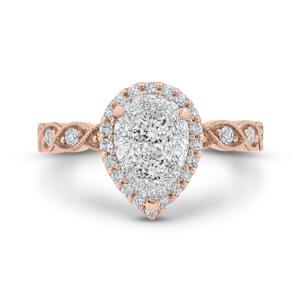 14K Two-Tone Gold Round Diamond Pear Shape Halo Engagement Ring - Wholesale Diamonds TX