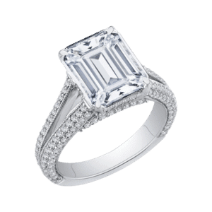 18K White Gold Emerald Cut Diamond Bridal Engagement Ring with Split Shank (Semi-Mount)- Wholesale Diamonds TX