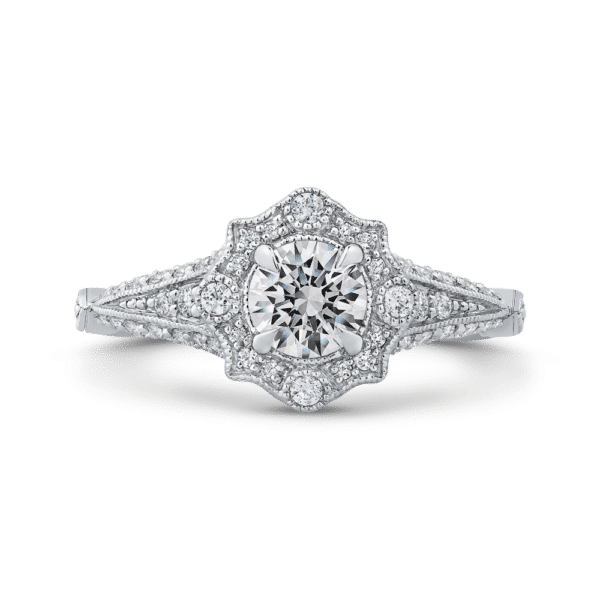 14k White Gold Round Diamond Vintage Halo Vintage Engagement Ring - Wholesale Diamonds TX