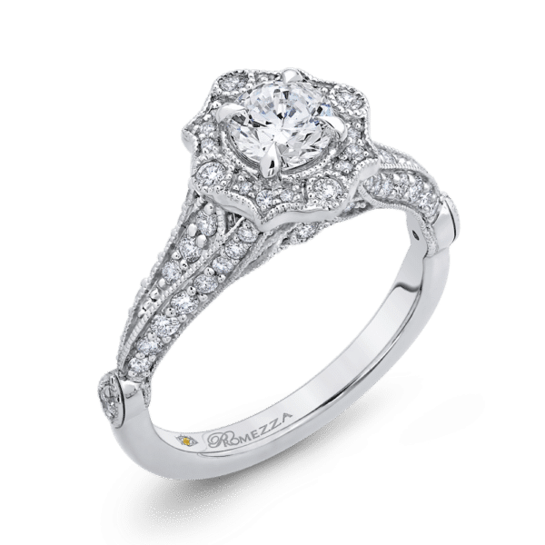 14k White Gold Round Diamond Vintage Halo Vintage Engagement Ring - Wholesale Diamonds TX