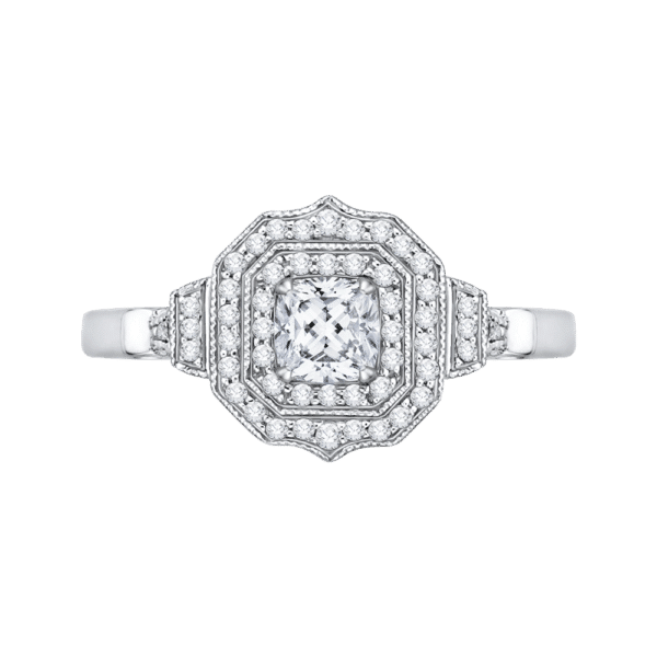 14K White Gold Cushion Cut Diamond Double Halo Vintage Engagement Ring- Wholesale Diamonds TX