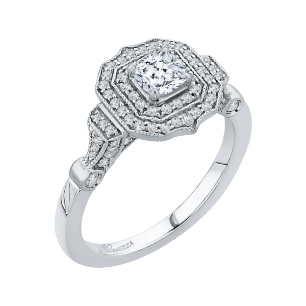 14K White Gold Cushion Cut Diamond Double Halo Vintage Engagement Ring- Wholesale Diamonds TX