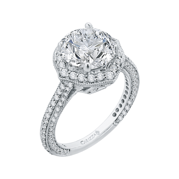 Round Cut Diamond Halo Engagement Ring with 18K White Gold (Semi-Mount)- Wholesale Diamonds TX