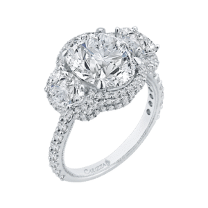 18K White Gold Oval Diamond Three-Stone Halo Engagement Ring (Semi-Mount)- Wholesale Diamonds TX