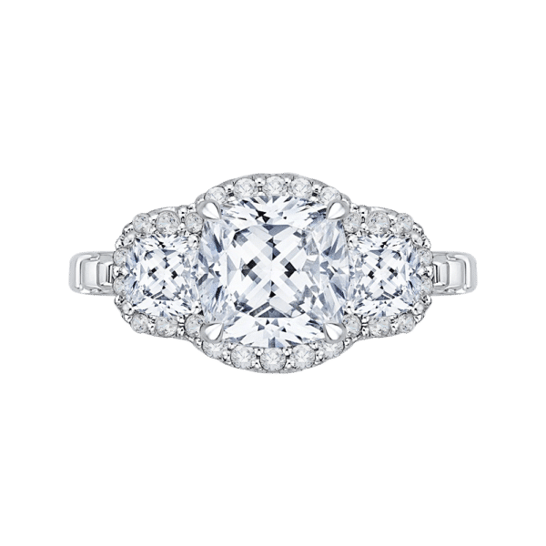 18K White Gold Cushion Cut Three-Stone Diamond Halo Engagement Ring (Semi-Mount)- Wholesale Diamonds TX