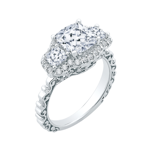 18K White Gold Cushion Cut Three-Stone Diamond Halo Engagement Ring (Semi-Mount)- Wholesale Diamonds TX